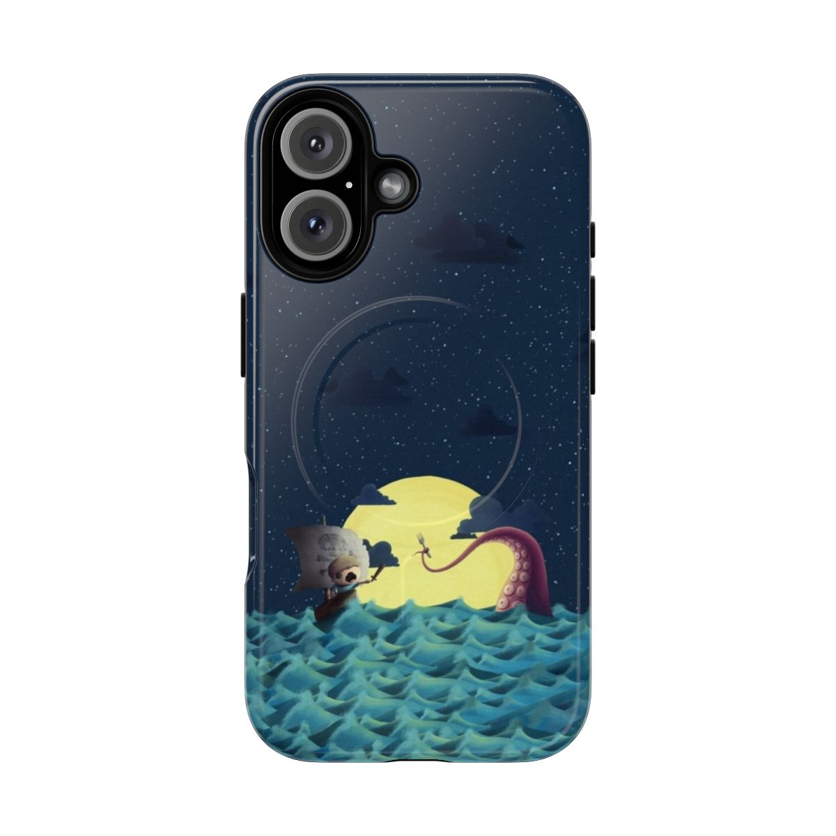 Magnetic tough phone case featuring a colorful pirate-themed design with elements like a crescent moon, stars, an octopus, and a ship.