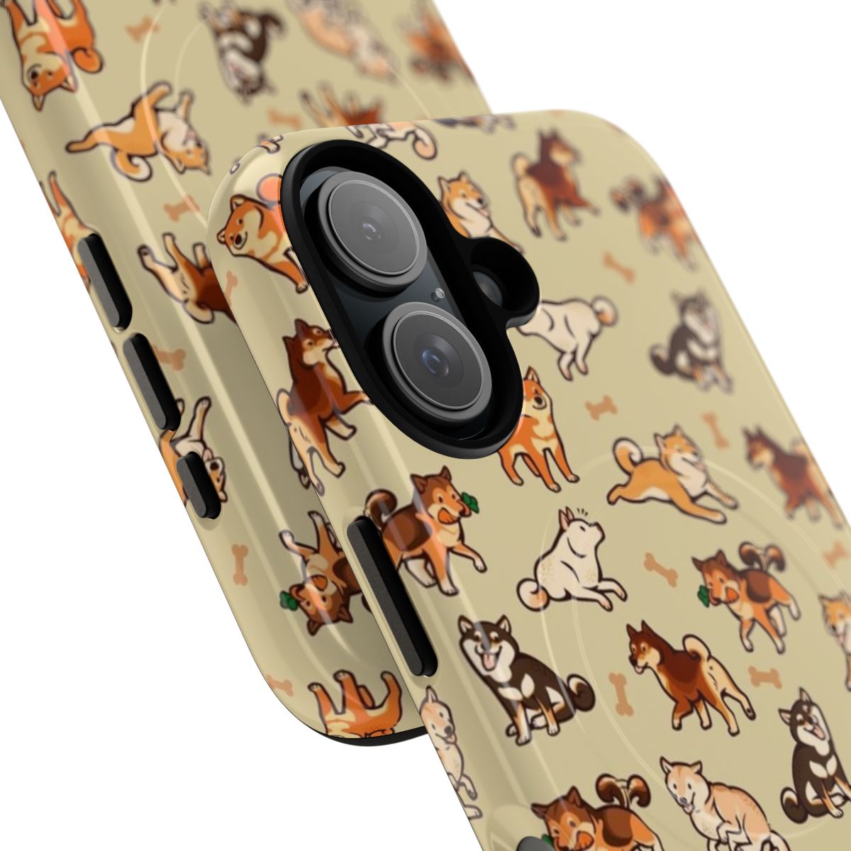 Tough magnetic phone case featuring a cute cream-colored shiba inu dog pattern - Detail