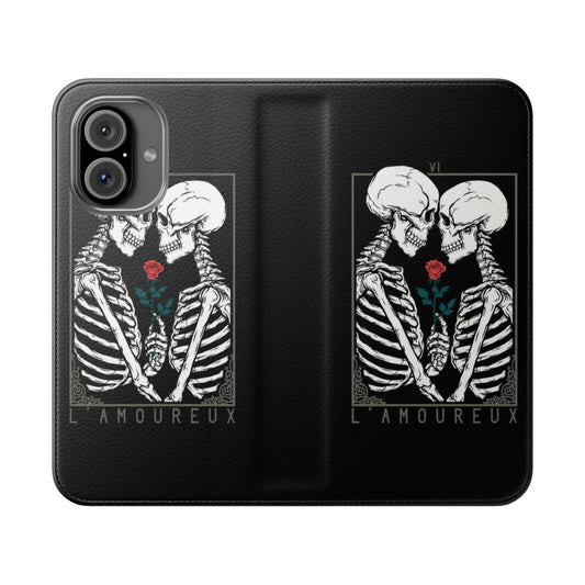 Tarot-inspired gothic phone case featuring the Lovers card design with a skull, flowers, and couple