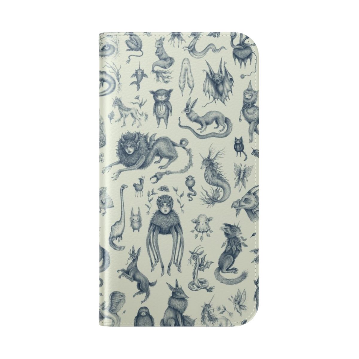 A colorful and whimsical phone case featuring illustrations of various mythical creatures and monsters in a pastel-toned, enchanted pattern. - Folded Back