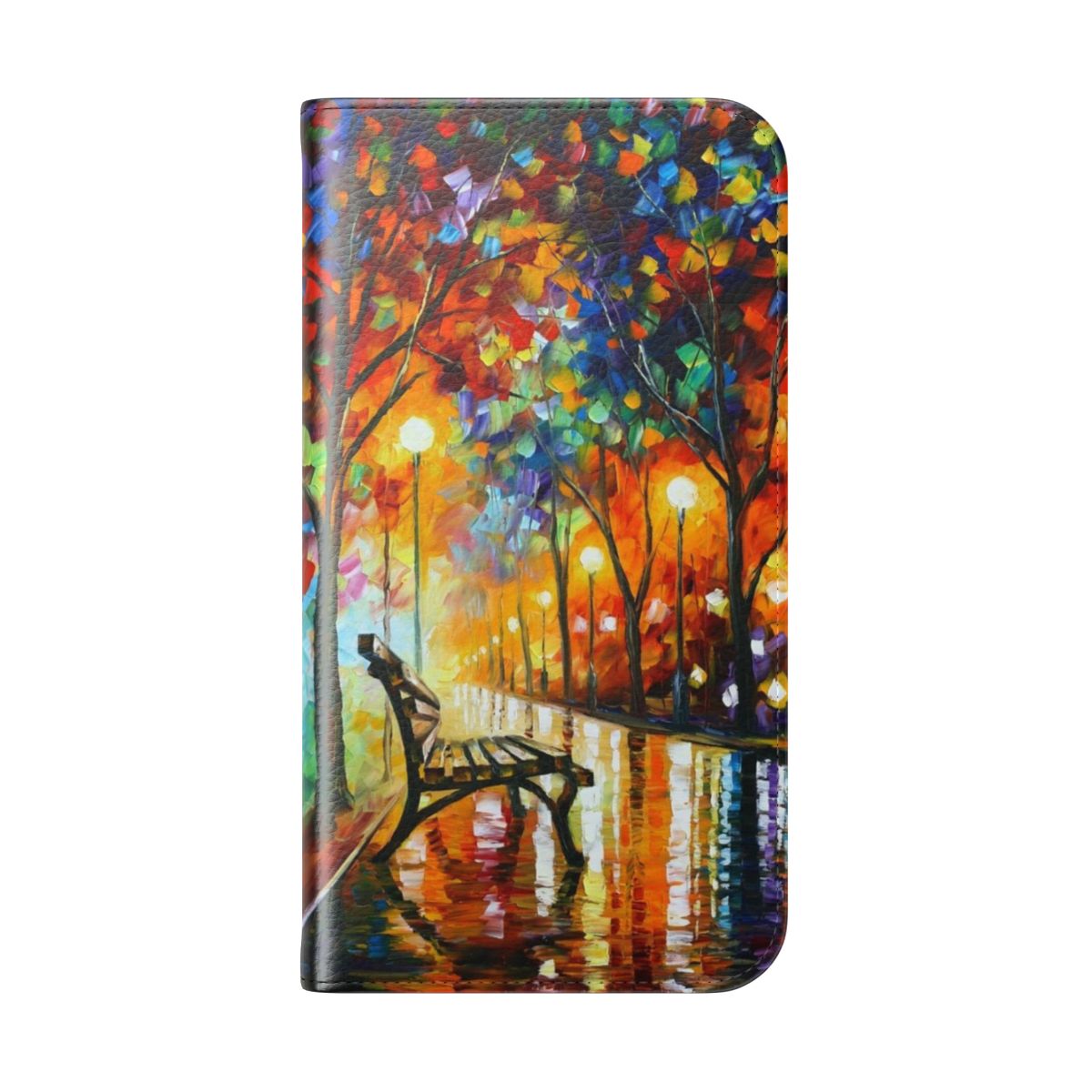 Leonid Afremov-inspired flip cover phone case with a vibrant autumn landscape design - Folded Back