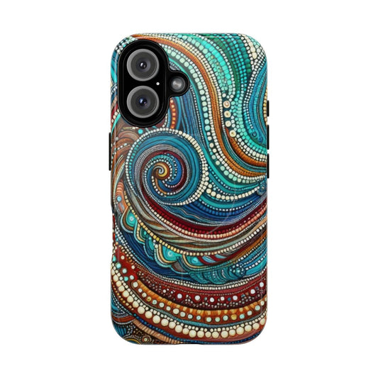 Abstract wave design phone case featuring a dot painting pattern inspired by traditional Aboriginal Australian art.