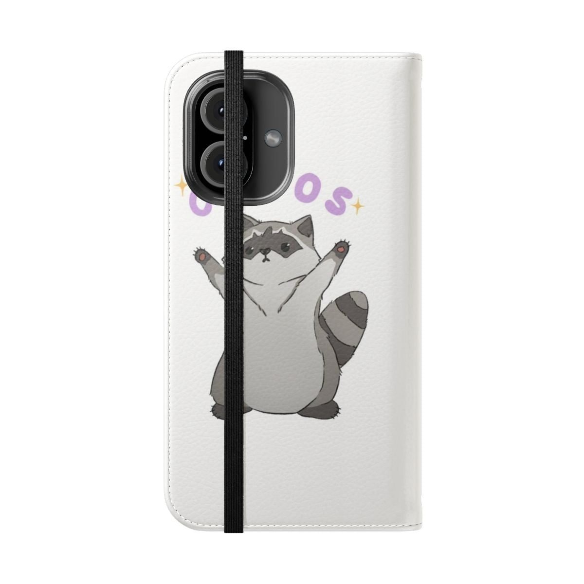 A purple and sparkly phone case featuring an adorable raccoon design. - Folded Front