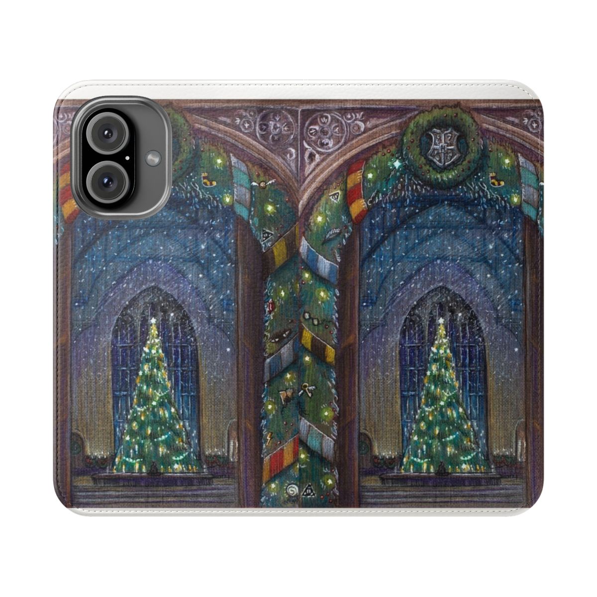 A festive phone case with a flip cover design, featuring enchanting Christmas and Harry Potter-inspired elements.