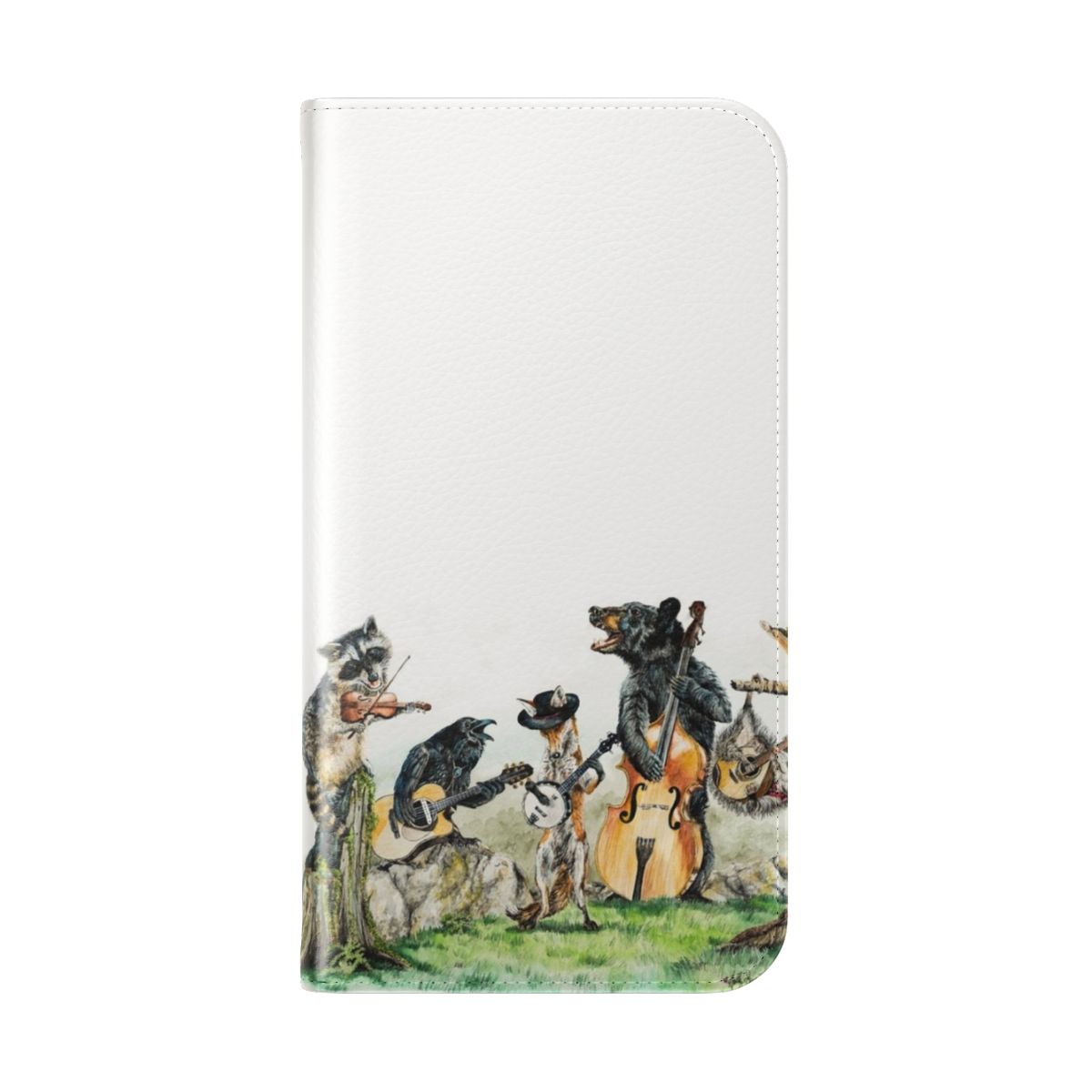 Illustration of various woodland animals and instruments on a phone case design - Folded Back