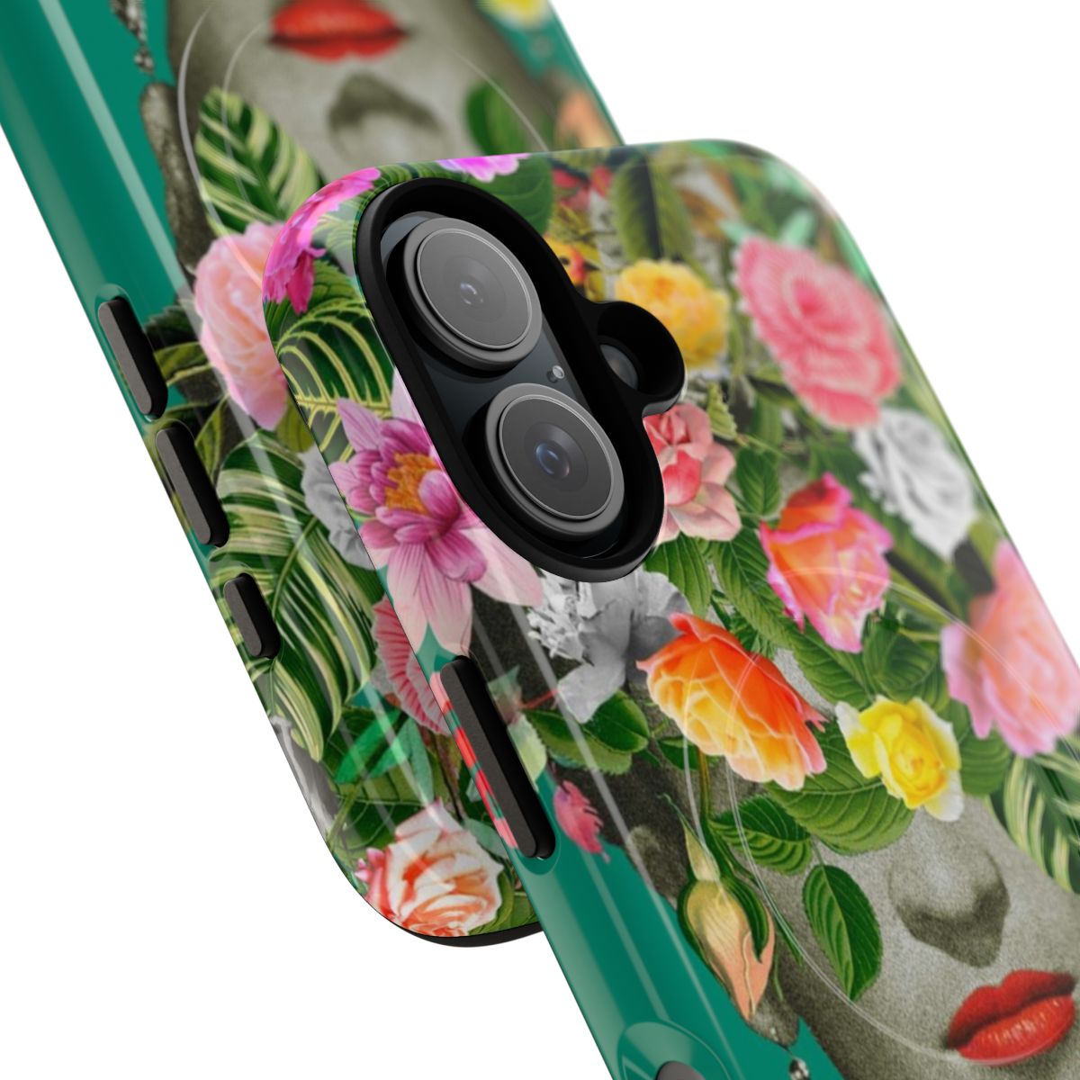 Colorful floral magnetic tough phone case featuring a collage-style design inspired by Frida Kahlo's artwork. - Detail