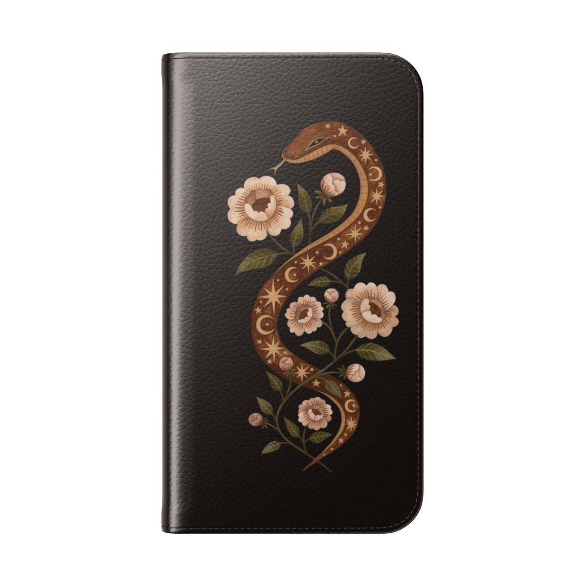 Flip phone case featuring a mystical serpent in a floral, natural design - Folded Back