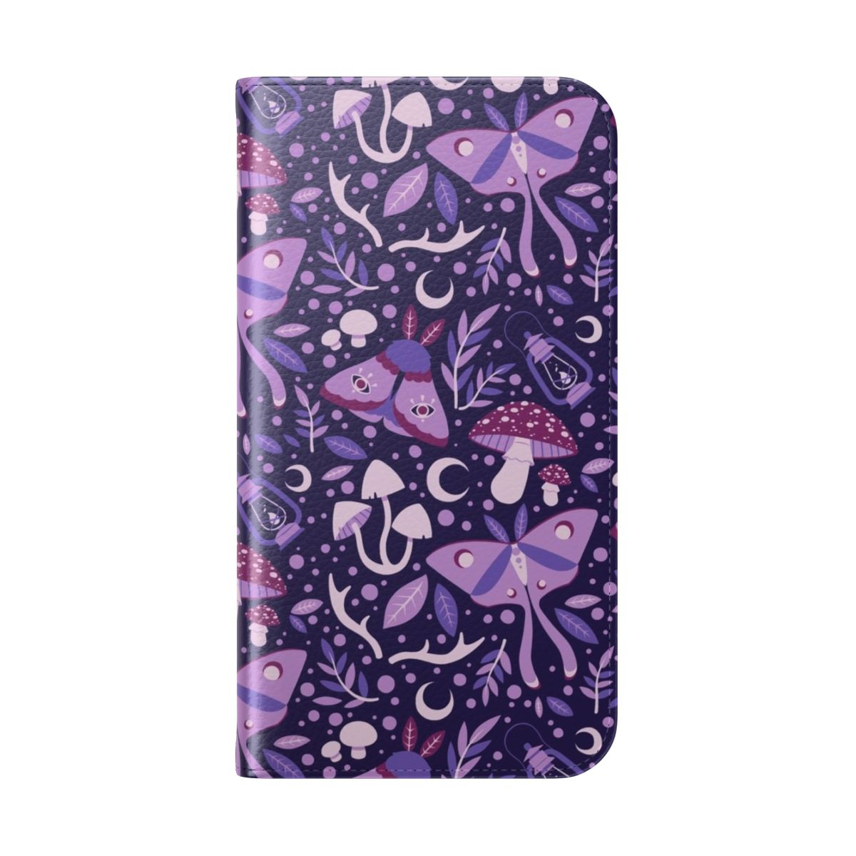 A flip cover phone case featuring a whimsical, nature-inspired design with moths, mushrooms, and other forest elements in shades of purple. - Folded Back