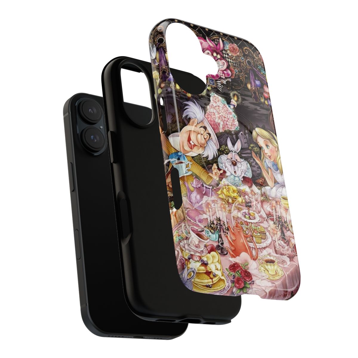 Colorful phone case featuring Alice, the Mad Hatter, and the Cheshire Cat from the classic Alice in Wonderland story. - Layers