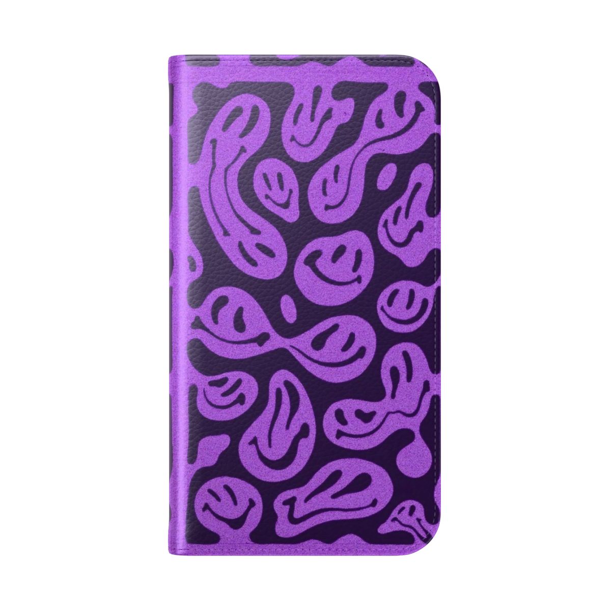 A vibrant, psychedelic-inspired phone case featuring a purple melted smiley face pattern design. - Folded Back