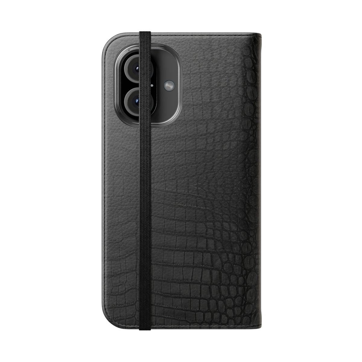 Black crocodile leather print phone case - Folded Front