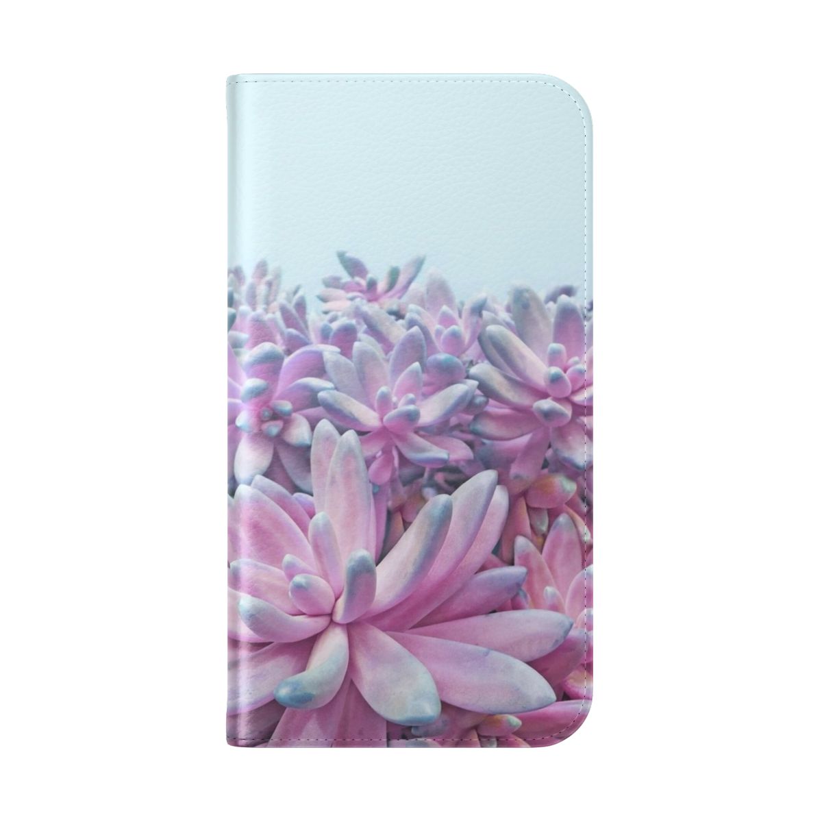 A stylish flip phone case featuring a vibrant display of succulents and plants. - Folded Back