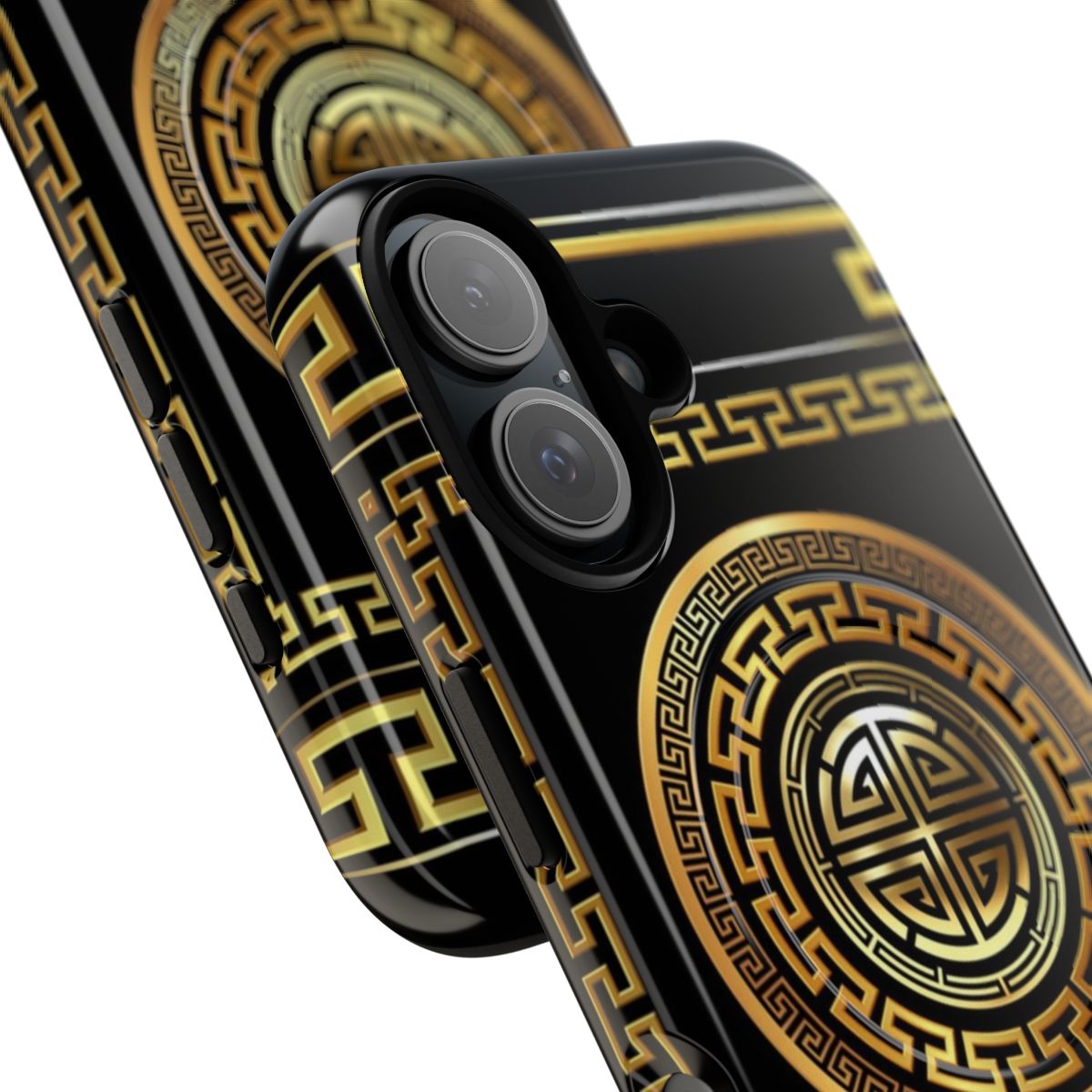 A sleek and durable Greek key meander pattern phone case in black and gold. - Detail