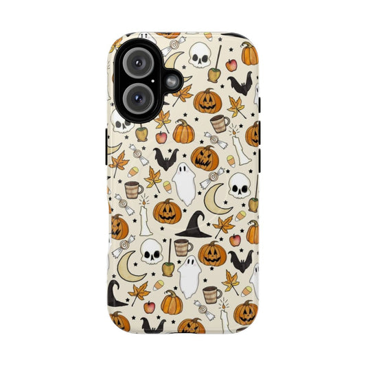 A phone case with a spooky, gothic halloween pattern in black and orange.