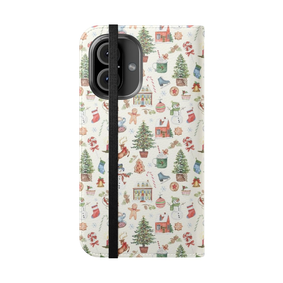 Festive holiday-themed flip cover phone case with images of a bell tree, cookies, ice skates, and other winter elements. - Folded Front