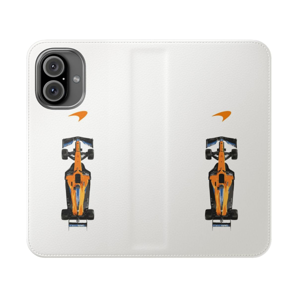 Minimalist vintage-style flip cover phone case inspired by the iconic McLaren F1 team and Formula 1 racing.