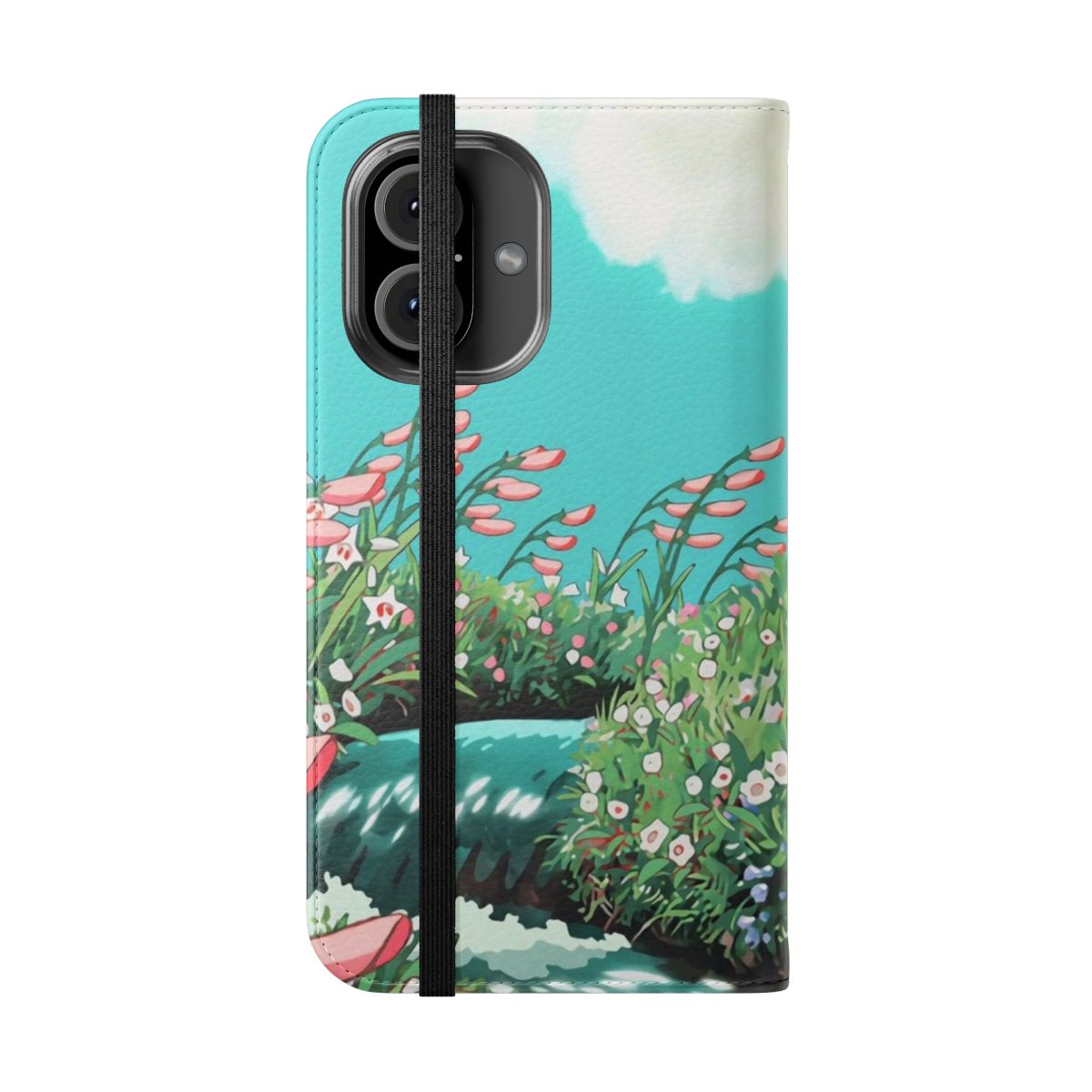 Anime-inspired phone case with a beautiful scenery of a river, flowers, and sky - Folded Front