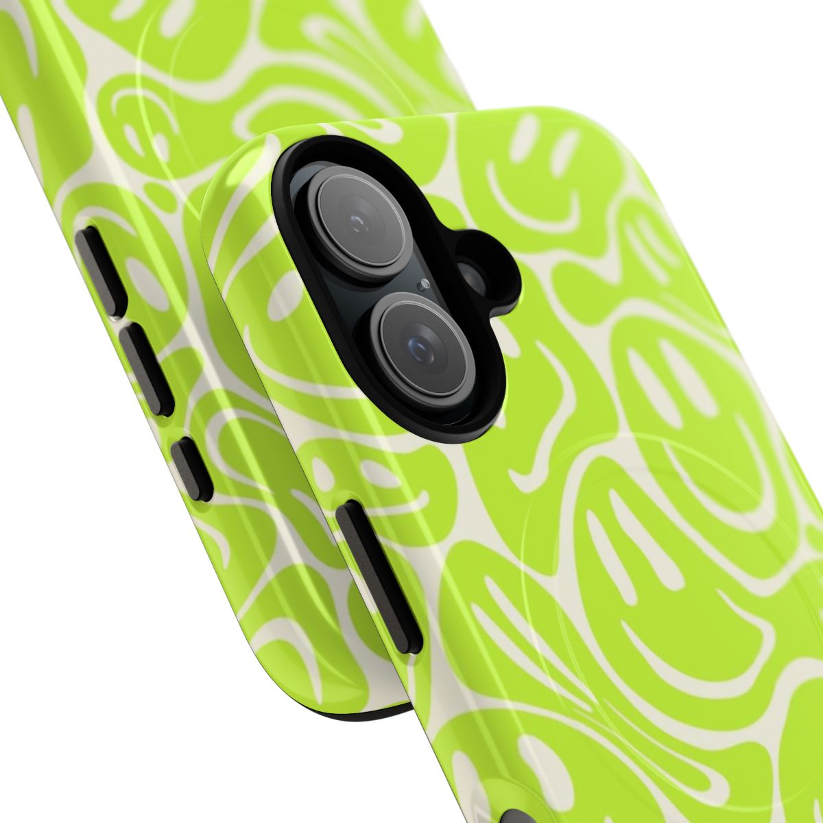 Closeup of a vibrant melting smiley face design on a pet collar in a preppy acid green color. - Detail