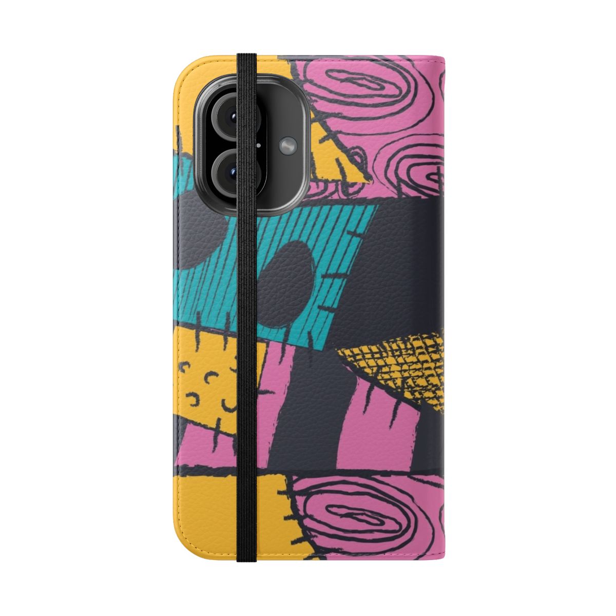 Flip phone case with a nightmare pattern design, featuring characters from the movie The Nightmare Before Christmas. - Folded Front