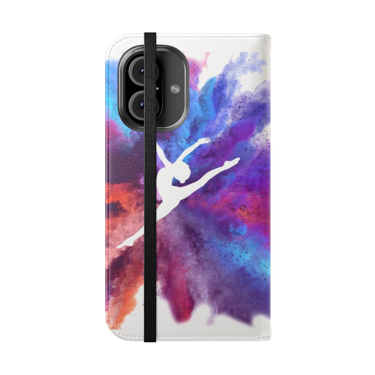 Colorful phone case featuring a gymnast explosion design with rainbows and geometric shapes. - Folded Front