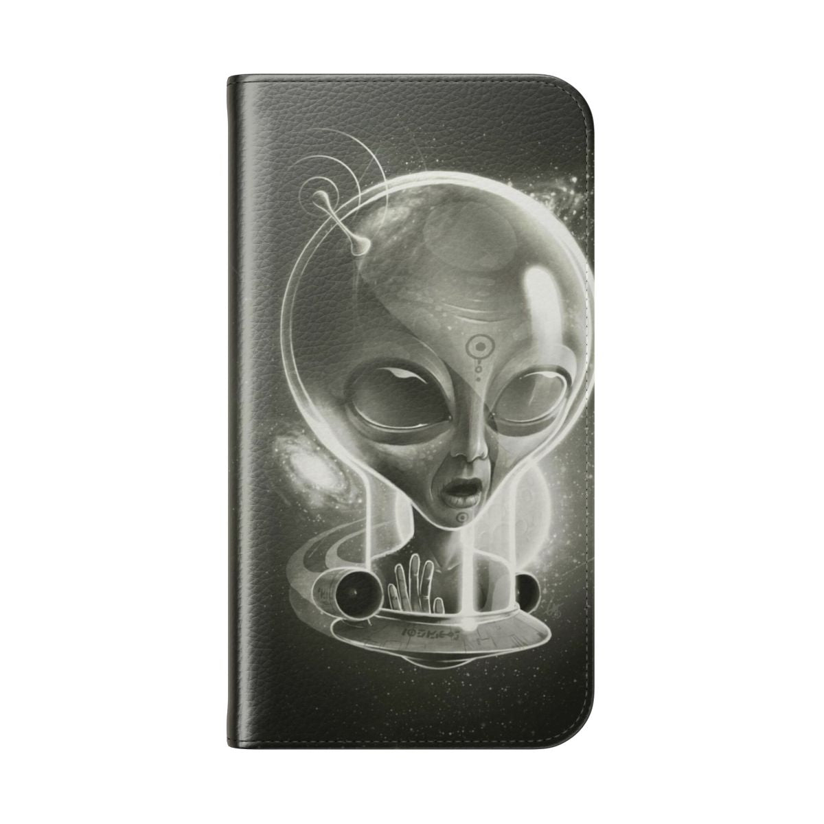 Alien-themed flip cover phone case with a cosmic, sci-fi design - Folded Back