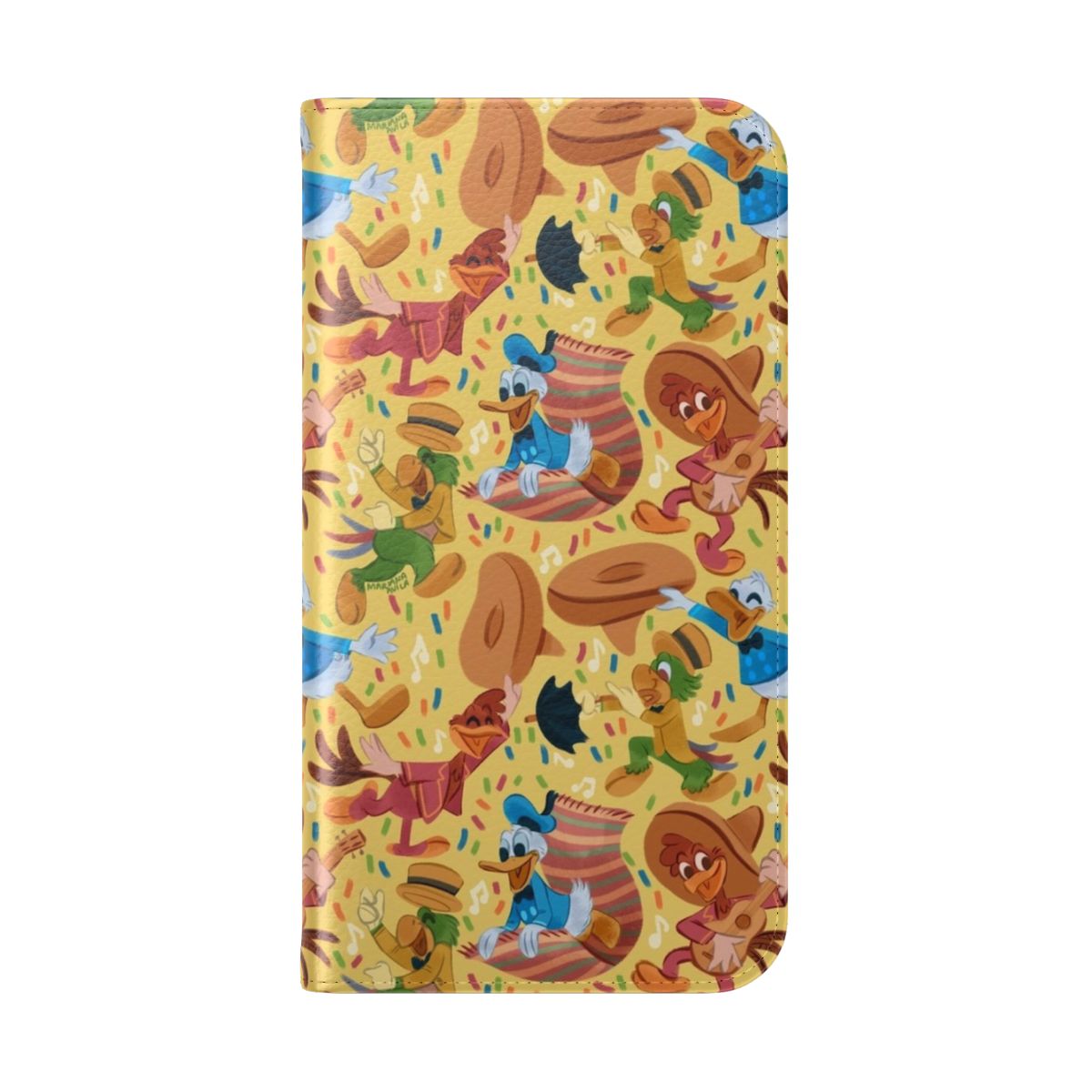 Colorful phone case with illustration of three cheerful birds in a Mexican-inspired design - Folded Back