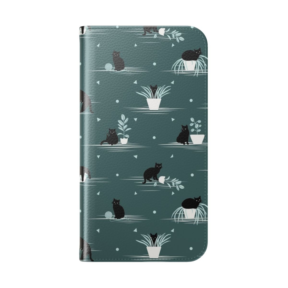 Green and black phone case with a cartoon black cat pattern, perfect for cat owners and enthusiasts. - Folded Back