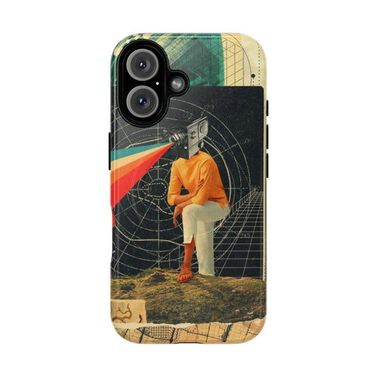 Vintage, surreal, and multicolored phone case featuring collage-style design.