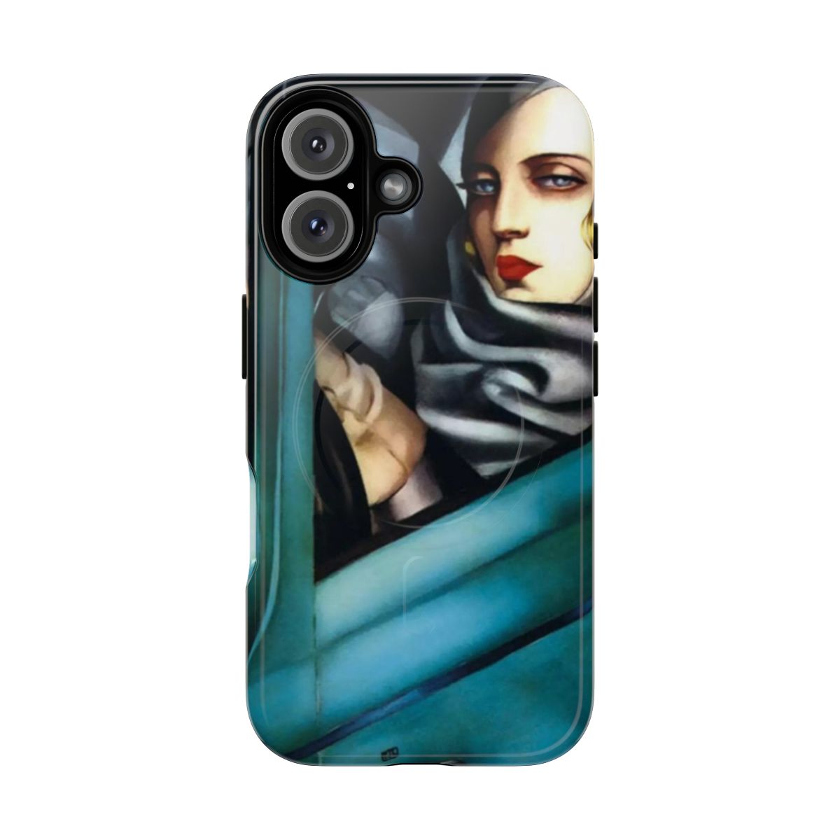 A phone case featuring the iconic self-portrait painting by Tamara de Lempicka, including her signature green car.