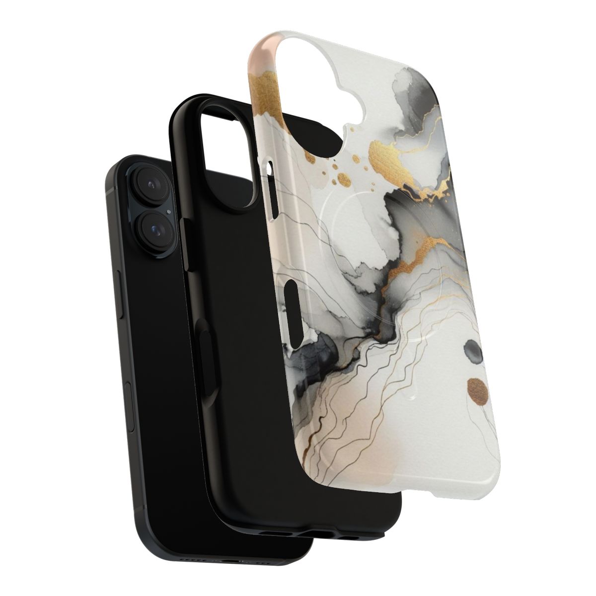 Ethereal cartography-themed phone case with abstract art, flowing lines, and gold accents on a white background - Layers