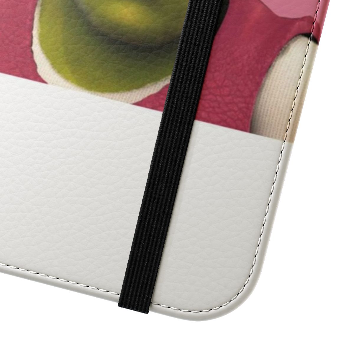 Shrek-inspired pink flip cover phone case with "Get Out of My Swamp" sticker - Close Up