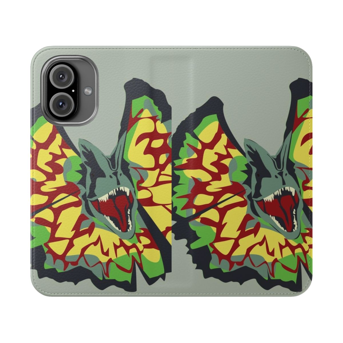 Dilophosaurus-themed phone case with graphic design inspired by the Jurassic Park franchise