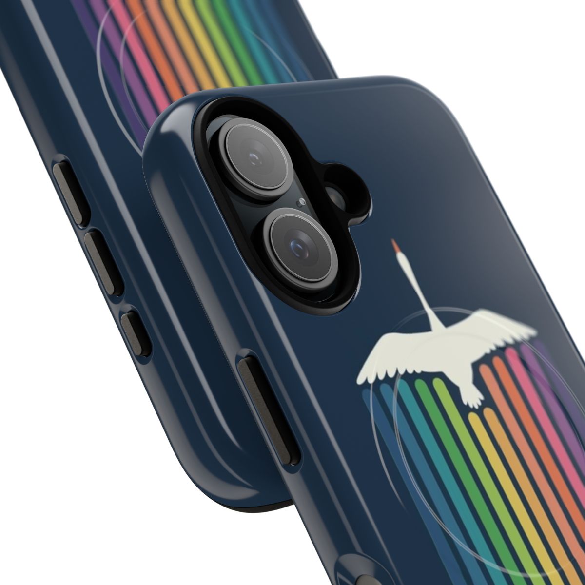 A magnetic tough phone case featuring a beautiful swan flying through a colorful sky landscape. - Detail