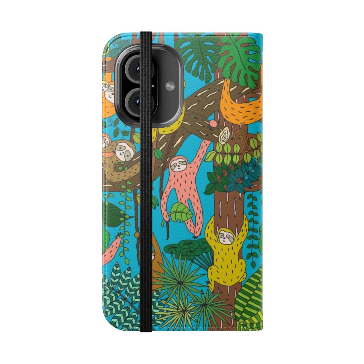 Vibrant graphic phone case featuring happy sloths in a tropical jungle landscape. - Folded Front