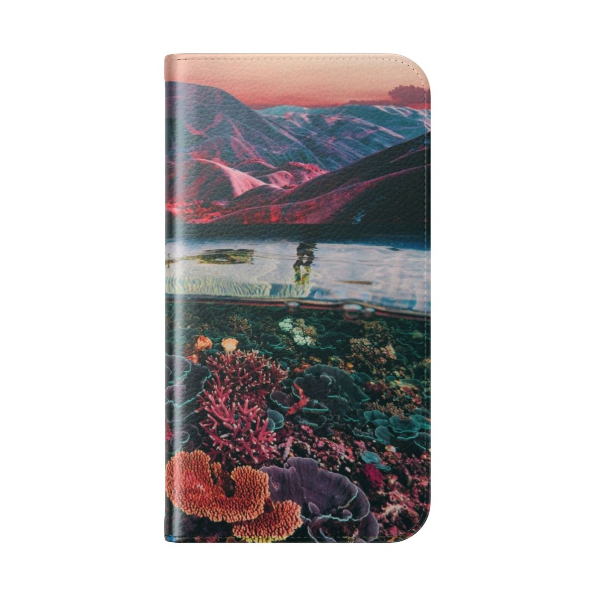 Vibrant abstract phone case featuring a digital collage design with underwater coral, mountains, and a trippy, bohemian aesthetic. - Folded Back