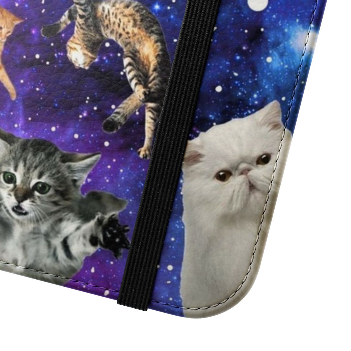 A fun and stylish phone case featuring whimsical space cats floating amongst the stars. - Close Up