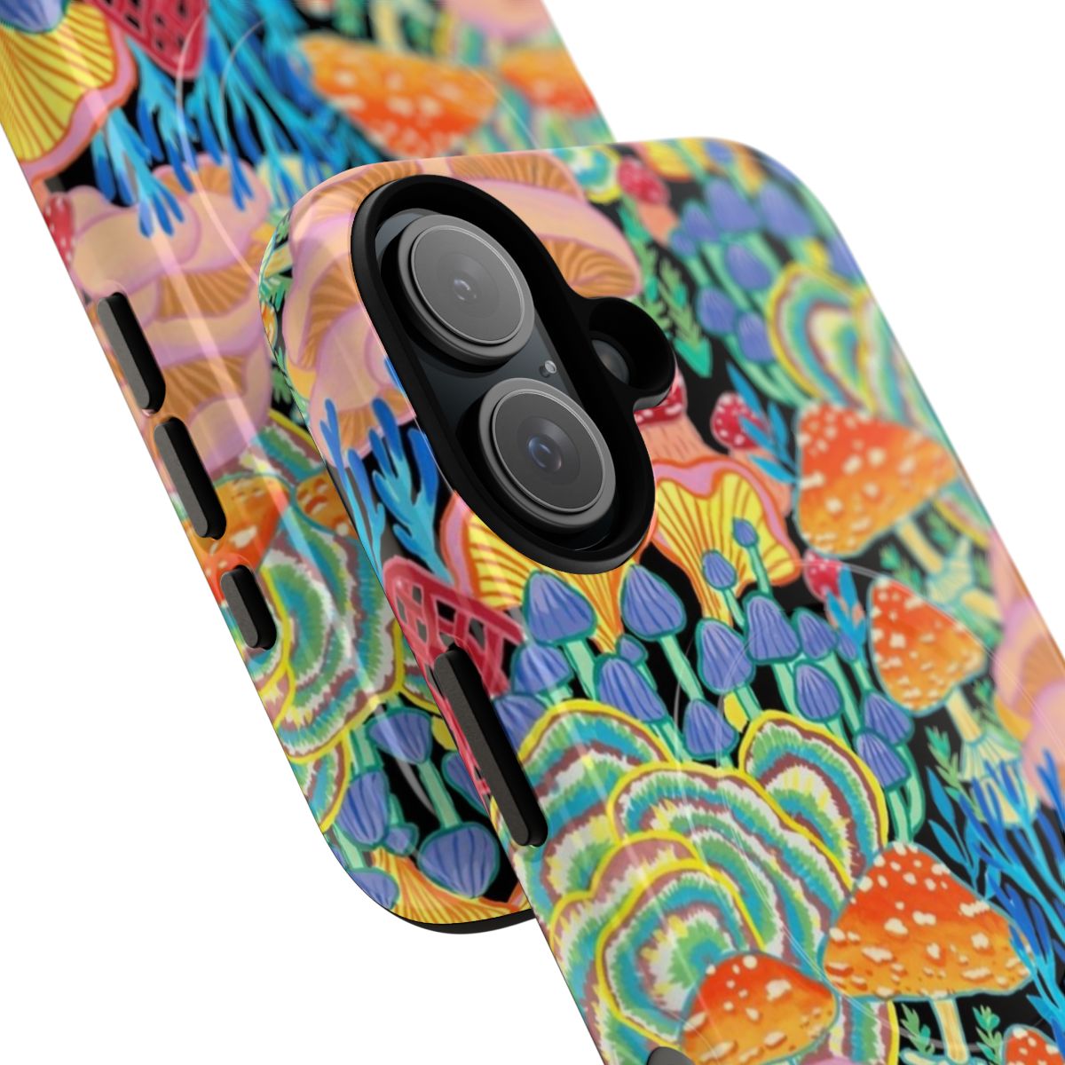 Artistic watercolor-style image of a mushroom and nature pattern on a phone case - Detail