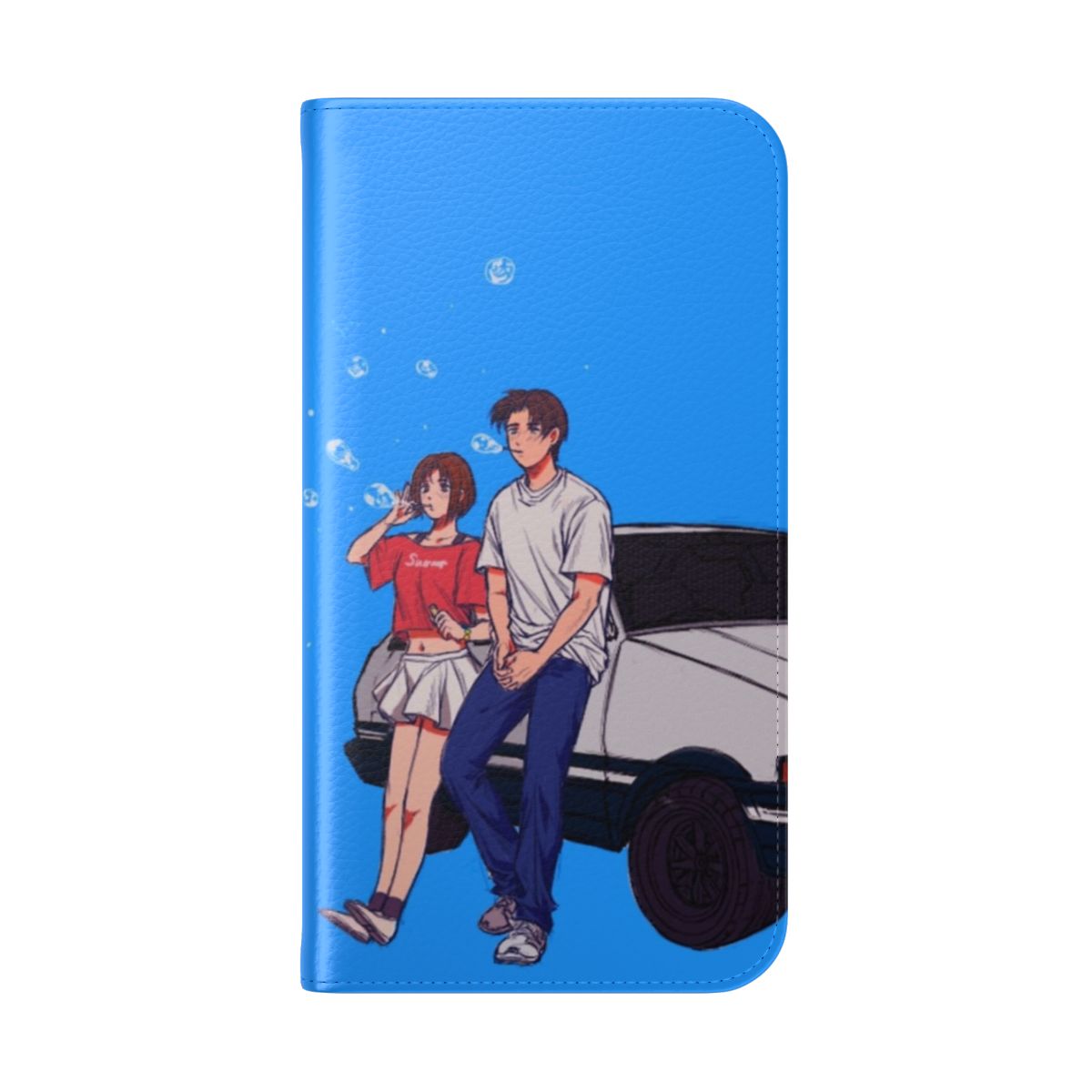 Anime-themed Initial D Takumi and Natsuki flip cover phone case featuring the iconic AE86 car - Folded Back