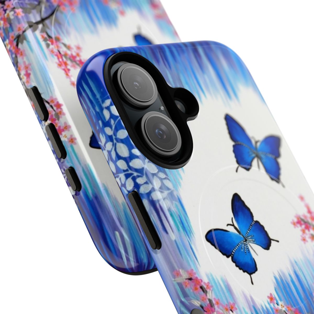 Blue butterfly design on a durable, magnetic phone case - Detail