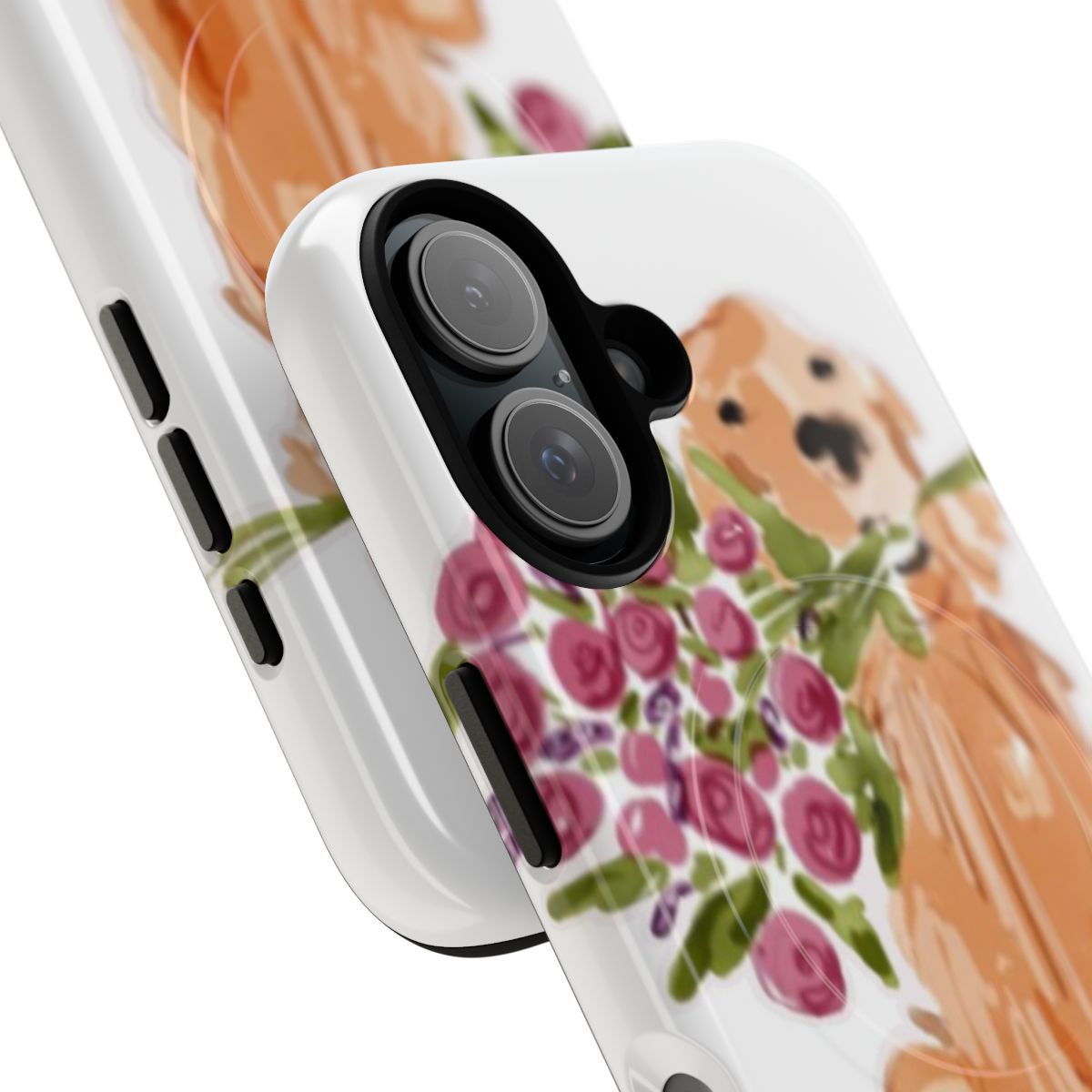 Charming image of a golden retriever surrounded by a bouquet of flowers on a phone case - Detail