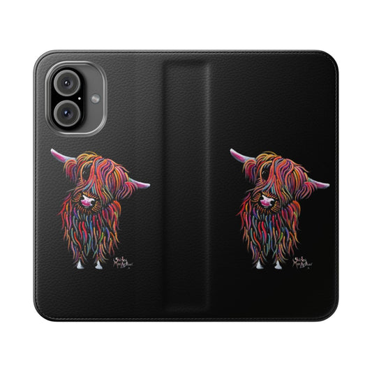 Vibrant painted image of a fluffy, ginger-colored Scottish highland cow on a phone case