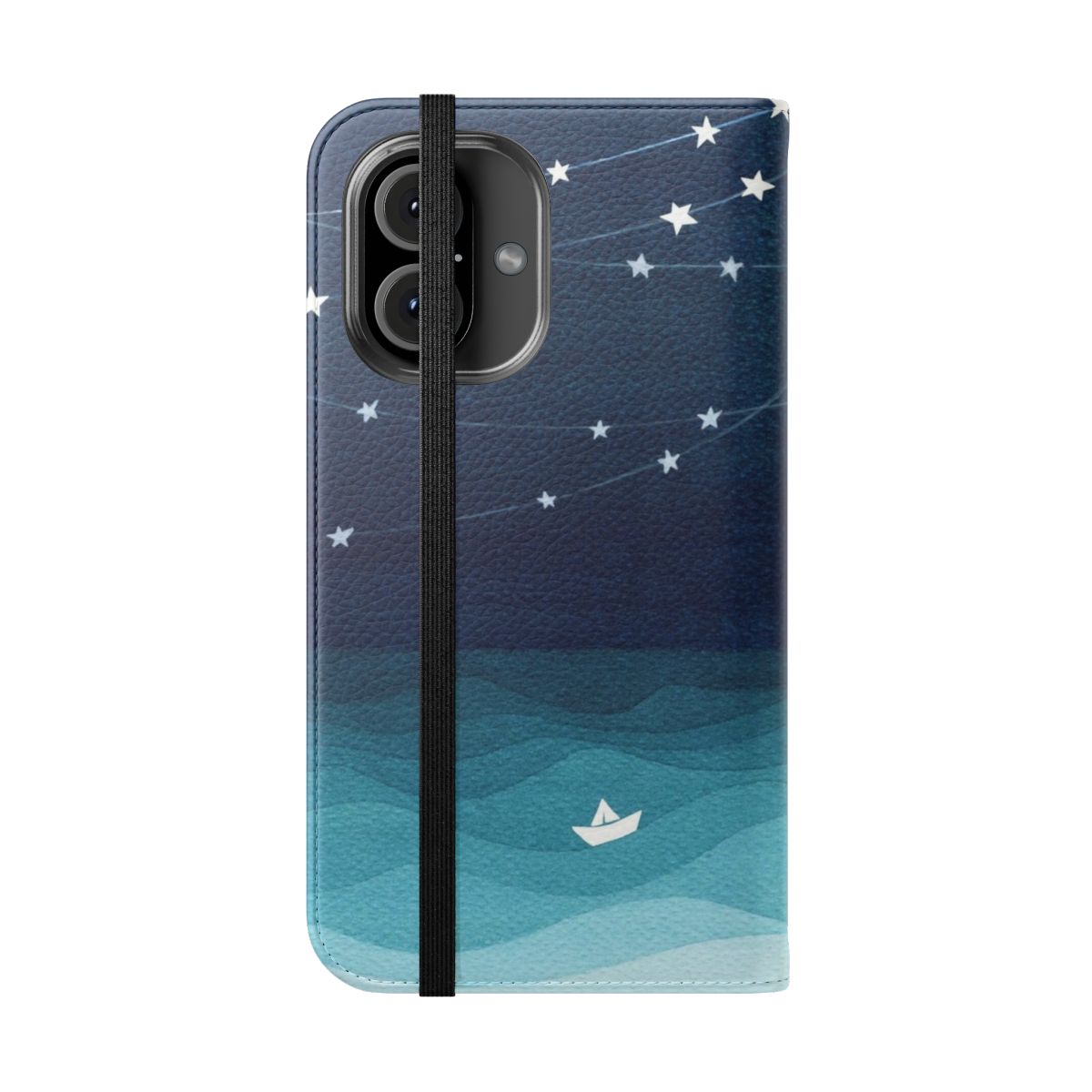 Teal ocean and star print flip cover phone case - Folded Front