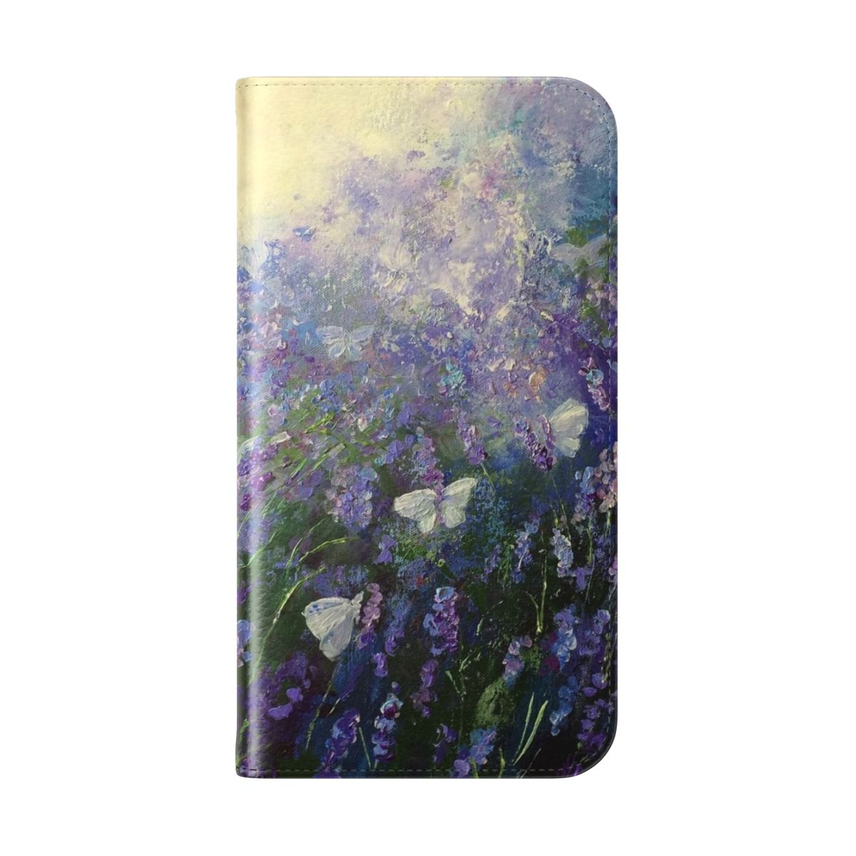 A phone case featuring a lavender and butterfly design in an impressionist style. - Folded Back