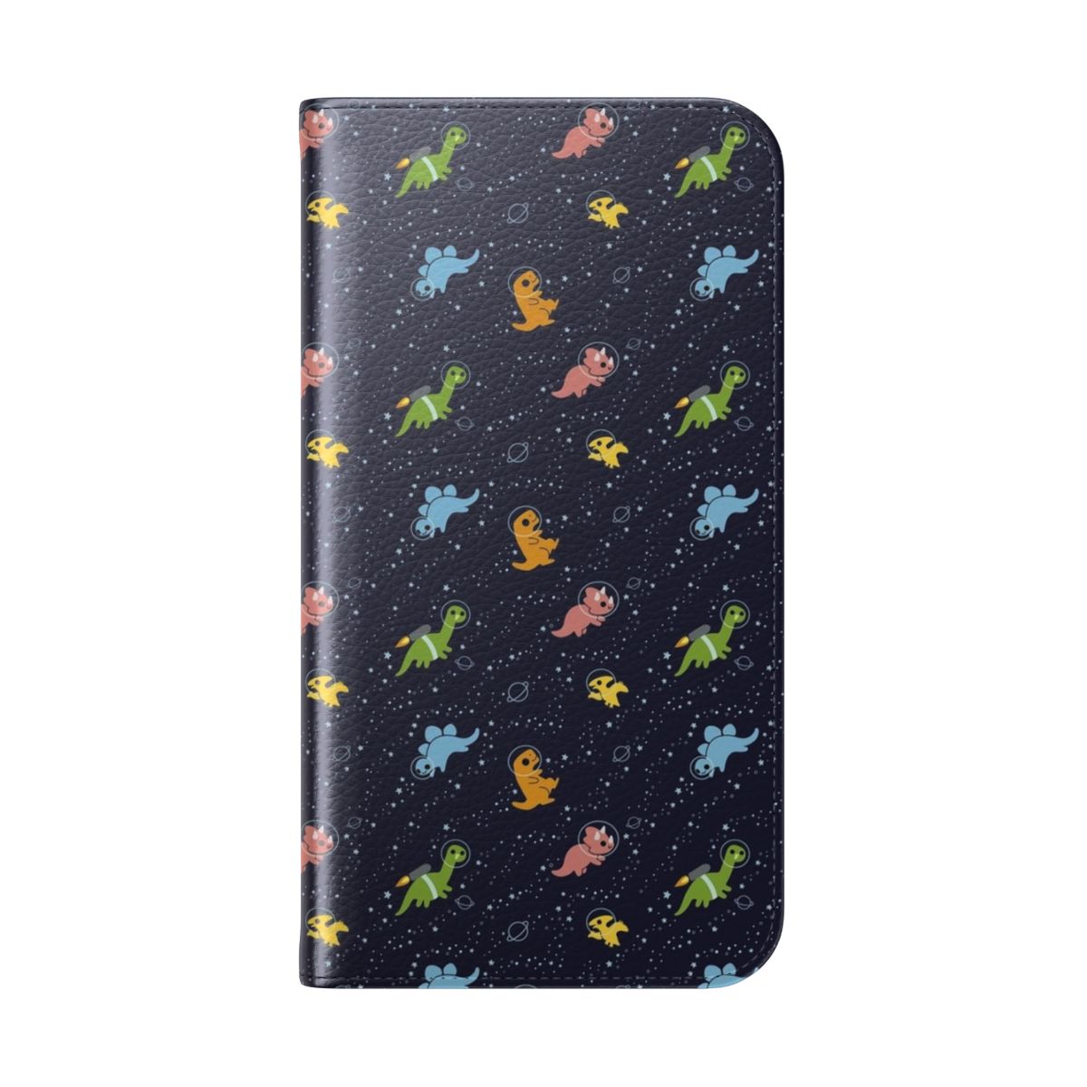 Colorful phone case featuring a pattern of cute dinosaurs in space with jetpacks, planets, and stars. - Folded Back