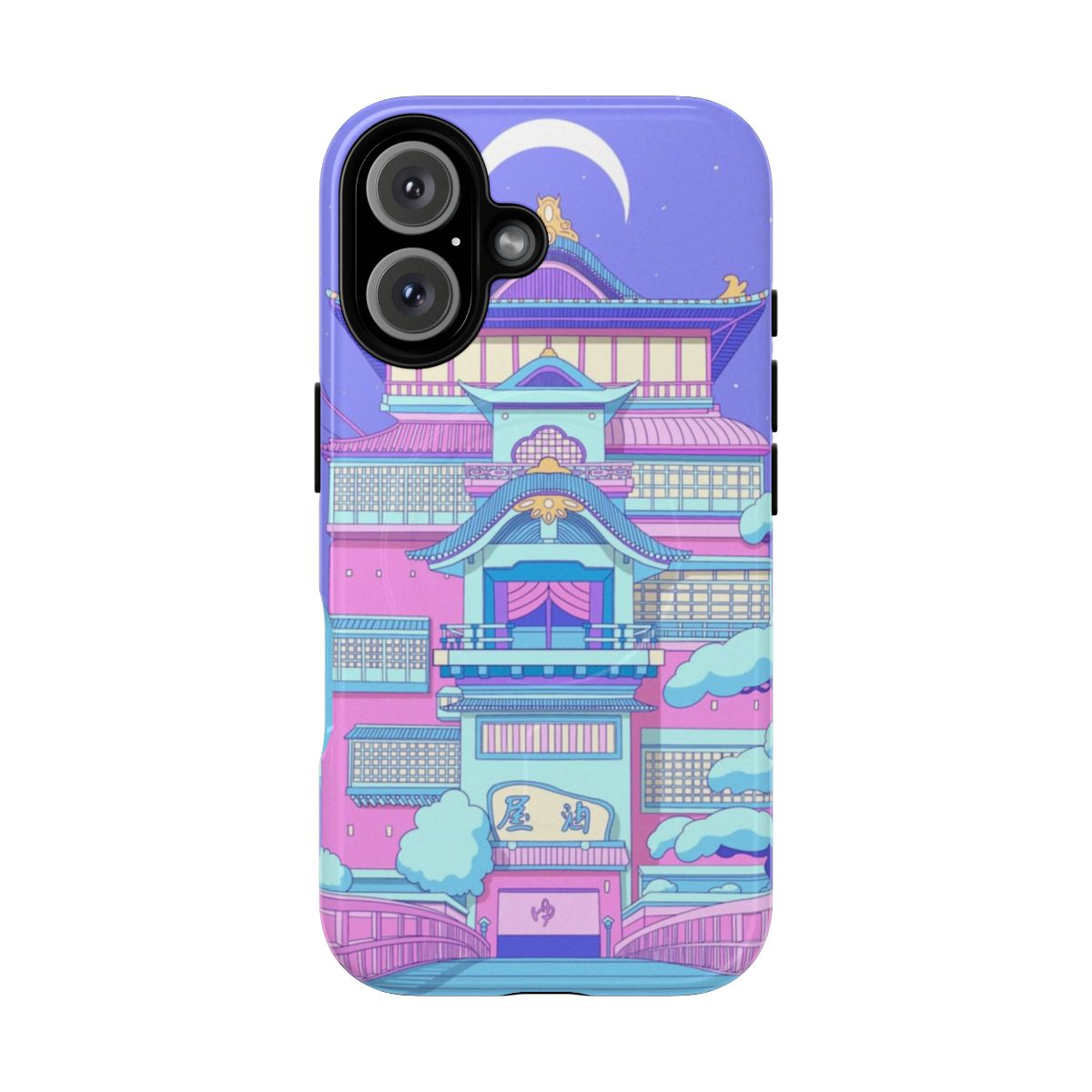 Retro Bath House Castle Magnetic Tough Phone Case, featuring a pink and blue vaporwave-inspired landscape with a Japanese castle.