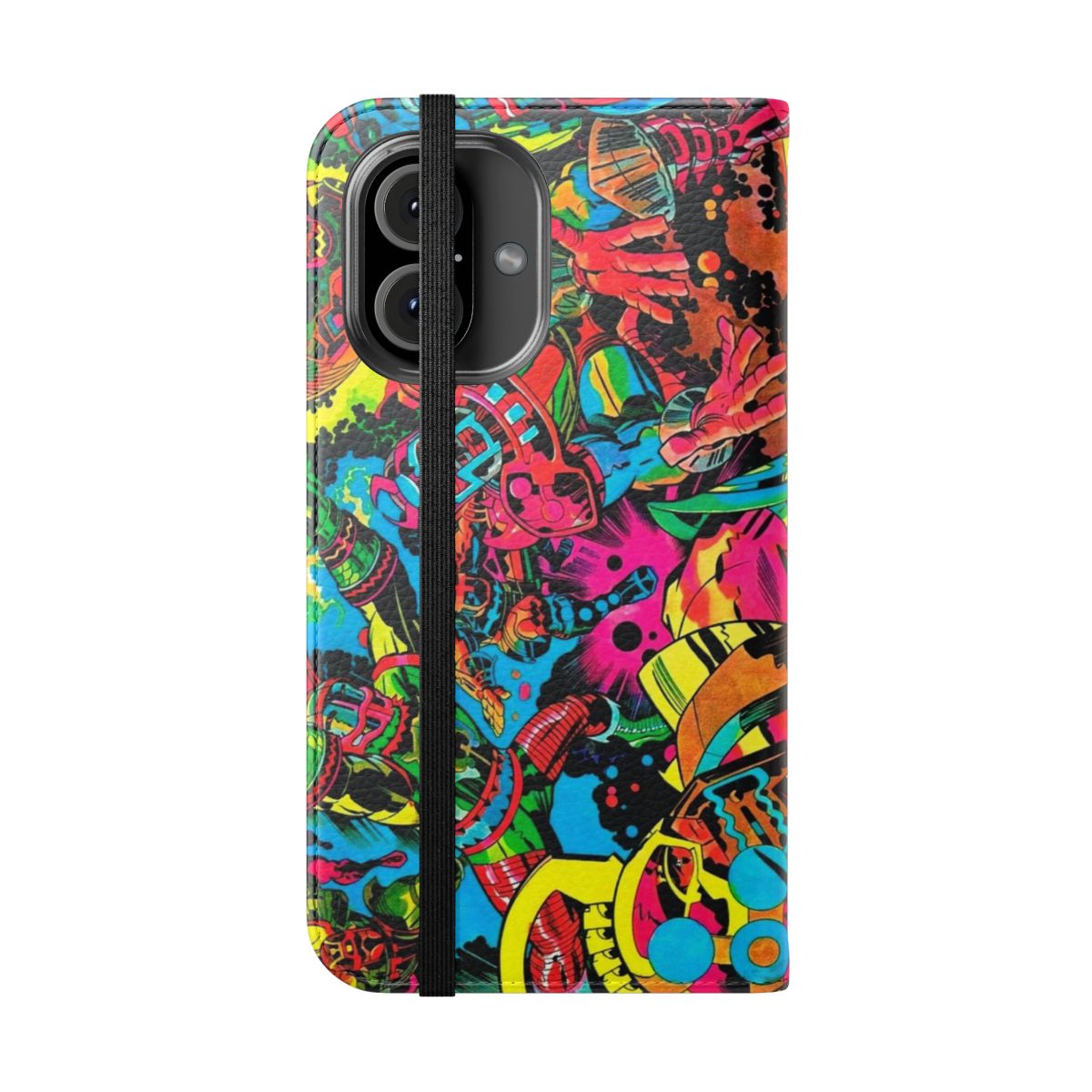 Colorful phone case with retro comic book inspired psychedelic superhero design - Folded Front