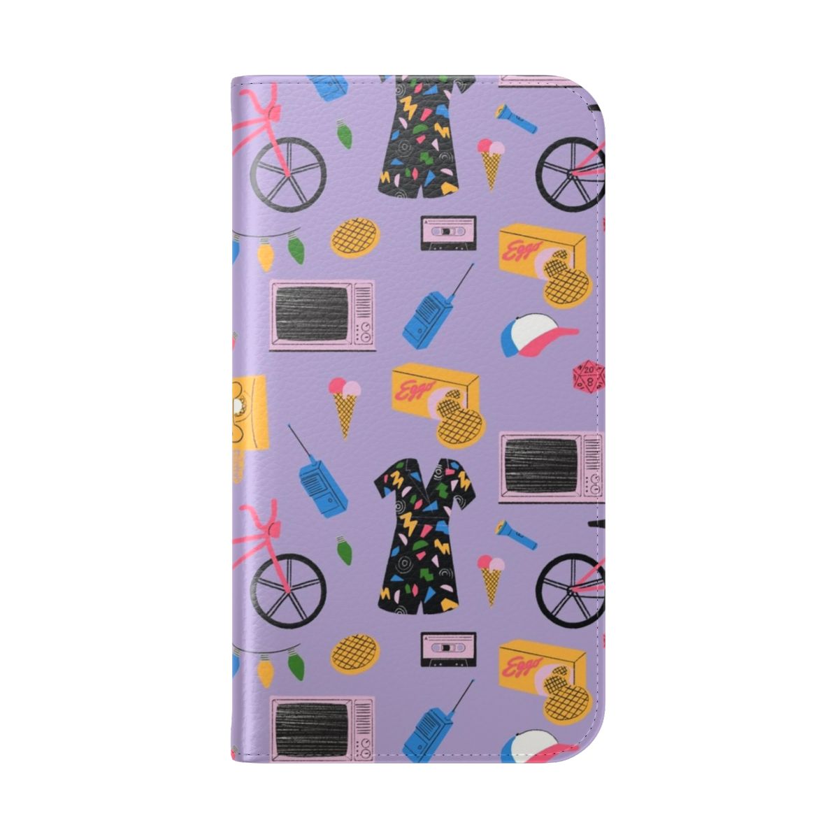 A stylish purple flip phone case featuring original Stranger Things artwork. - Folded Back