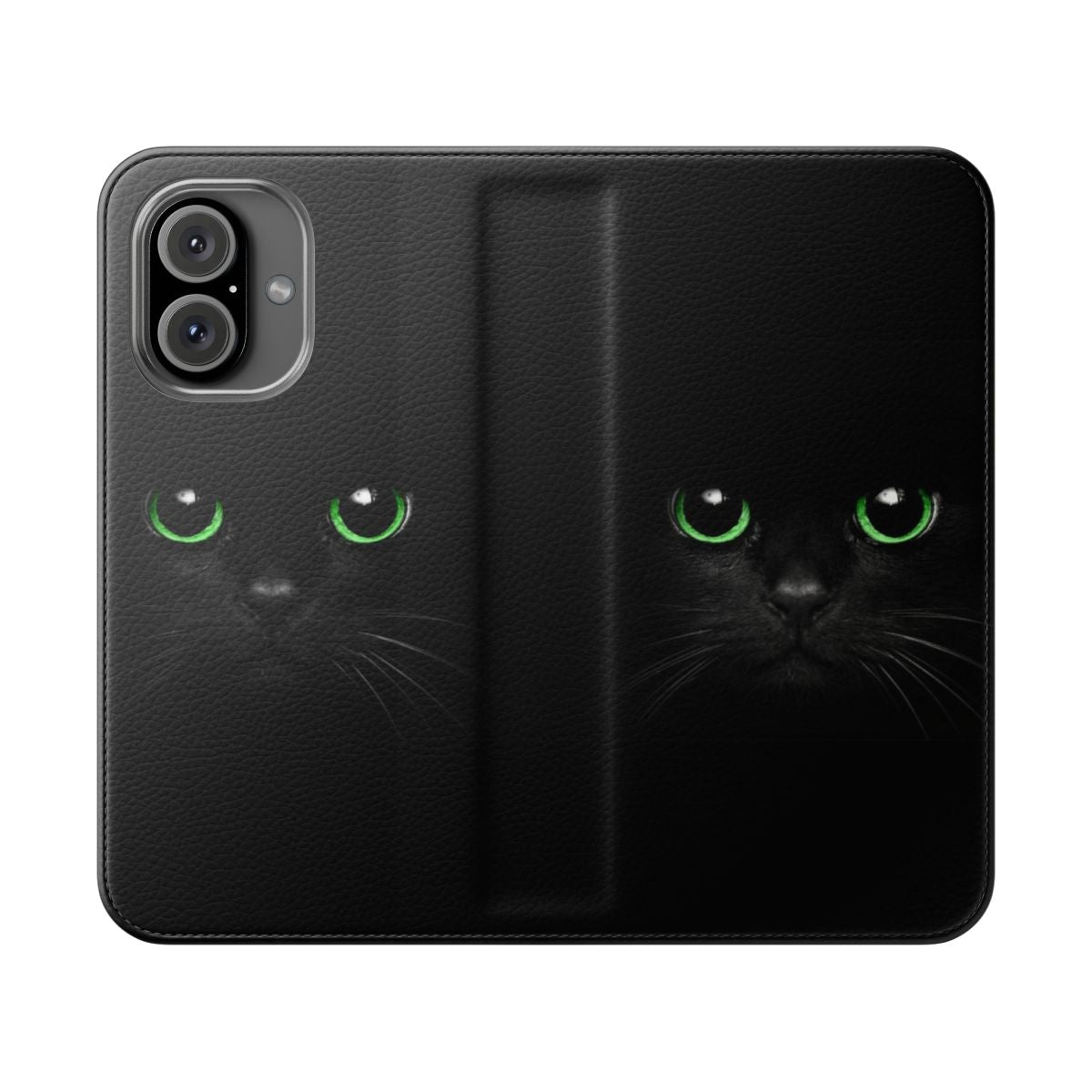 Closeup photo of a fluffy black cat with stunning green eyes on a green flip phone case