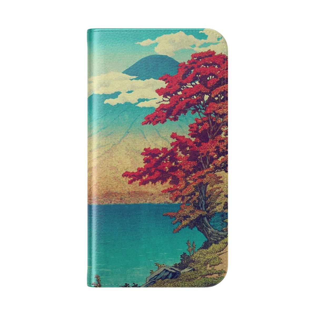 Artistic Japanese landscape phone case cover with a vintage ukiyo-e style mountain and lake scene. - Folded Back