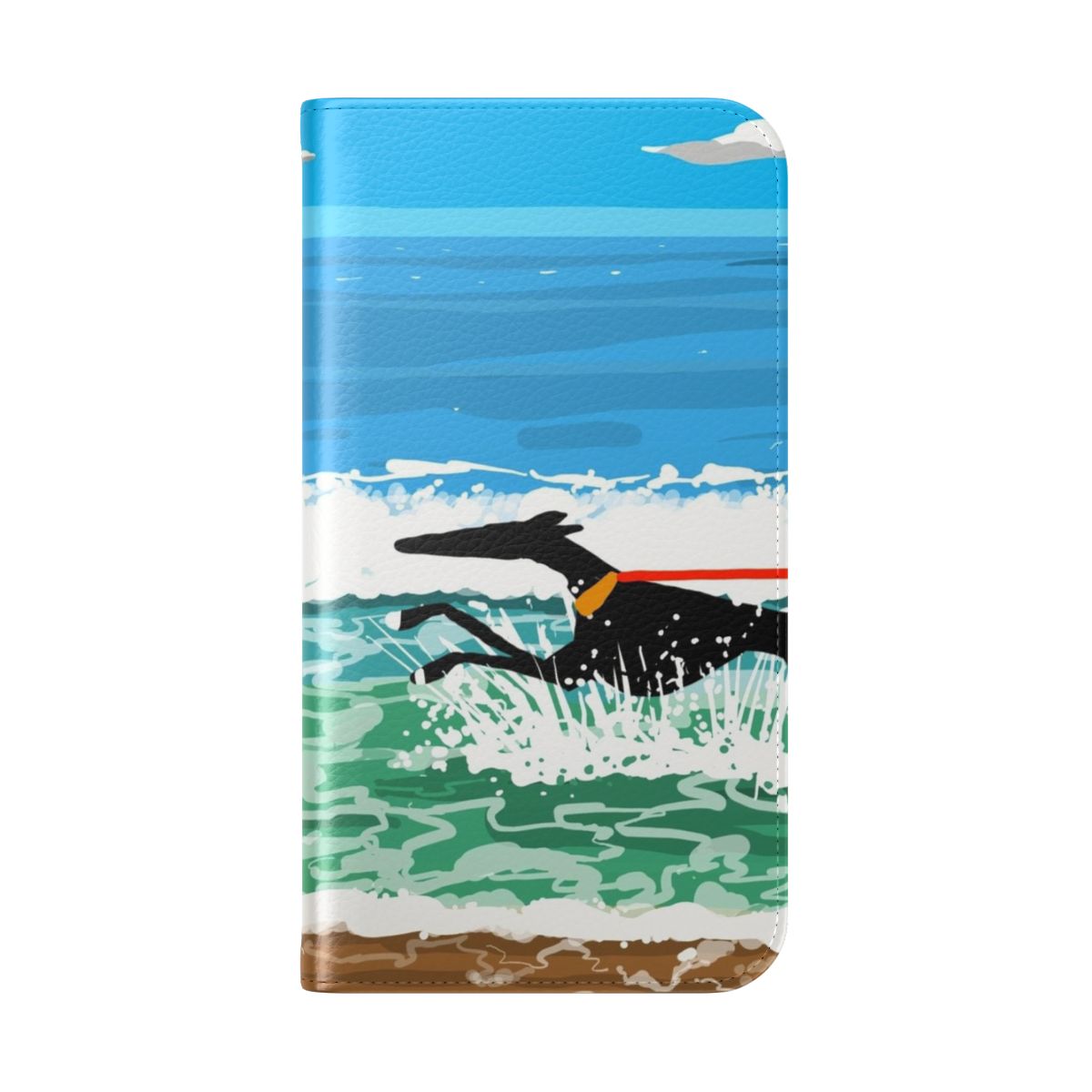 Image of a phone case featuring greyhounds, whippets, or lurchers running in the sea with waves and flowers. - Folded Back